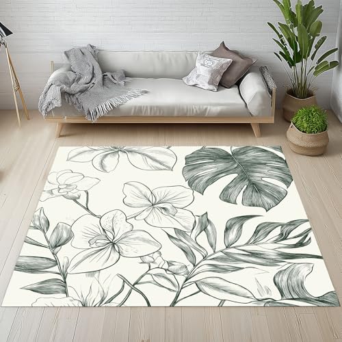 Dyjuaa Blumen Monstera Blätter Waschbarer Teppich 200x280 cm, Modern Natur Minimalistisch Carpet Wohnzimmer Anti Rutsch Große Teppiche Schlafzimmer Weich Kurzflor Teppiche Matte Kinderteppich von Dyjuaa