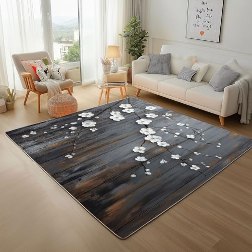Dyjuaa Blumen Ölgemälde Waschbarer Teppich 200x280 cm, Vintage Holz Optik Carpet Wohnzimmer Anti Rutsch Große Teppiche Schlafzimmer Weich Kurzflor Teppiche Matte Kinderteppich von Dyjuaa