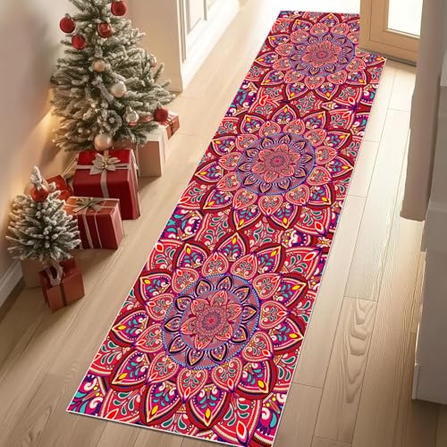 Dyjuaa Bohemian Mandala Blumen Waschbar Läufer Teppich Flur Boho Exotisch Ethnischer Küchen Teppichläufer 60x150 cm Kurzflor rutschfest Carpet für Fußmatte Schlafzimmer Bettvorleger Waschküche von Dyjuaa