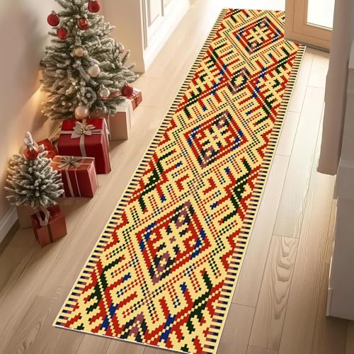 Dyjuaa Boho Exotisch Ethnischer Stil Teppich Läufer Flur 60x180 cm rutschfest Stamm Geometrie Waschbar Weich Kurzflor Küchenläufer Carpet Schlafzimmer Bettvorleger Teppiche für Flur Waschküche von Dyjuaa
