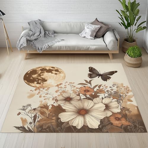 Dyjuaa Boho Mond Blumen Waschbarer Teppich 200x200 cm, Schmetterling Vintage Natur Teppiche Wohnzimmer Anti Rutsch Große Teppiche Schlafzimmer Weich Kurzflor Carpet Matte Kinderteppich von Dyjuaa