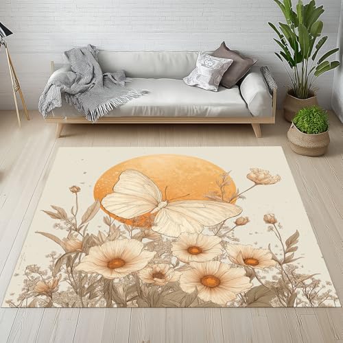Dyjuaa Boho Schmetterling Blumen Waschbarer Teppich 200x280 cm, Vintage Natur Carpet Wohnzimmer Anti Rutsch Große Teppiche Schlafzimmer Weich Kurzflor Teppiche Matte Kinderteppich von Dyjuaa