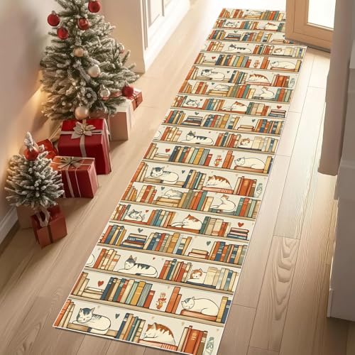Dyjuaa Bücherregal Bücher Teppich Läufer Flur 80x300 cm Süße Katze Illustration Weich Küchenteppich rutschfest Waschbar, Lang Flur Teppiche für Entryway Waschküche Schlafzimmer Wohnzimmer von Dyjuaa