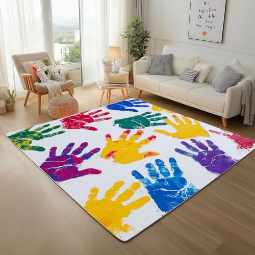 Dyjuaa Bunt Handabdrücke Waschbarer Teppich 200x200 cm, Modern Abstract Teppiche Wohnzimmer Anti Rutsch Große Teppiche Schlafzimmer Weich Kurzflor Carpet Matte Kinderteppich Dyjuaa Bunt Handabdrücke Waschbarer Teppich 200x200 cm, Modern Abstract Teppiche Wohnzimmer Anti Rutsch Große Teppiche Schlafzimmer Weich Kurzflor Carpet Matte Kinderteppich von Dyjuaa