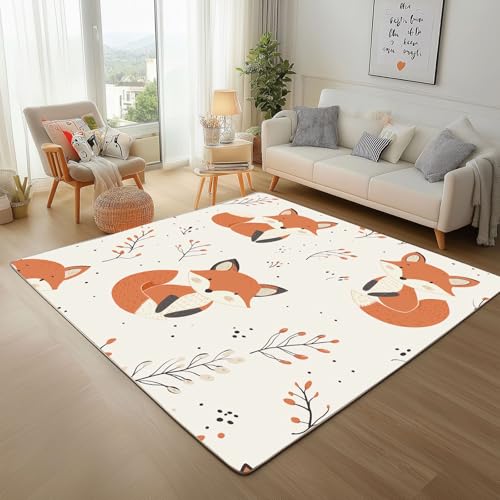 Dyjuaa Cartoon Fuchs Teppich Kurzflor Waschbar Kinderzimmer, Nette Tiere Carpet Weich Antirutsch 120 x 170 cm, Teppiche für Wohnzimmer Schlafzimmer, Jugendzimmer von Dyjuaa