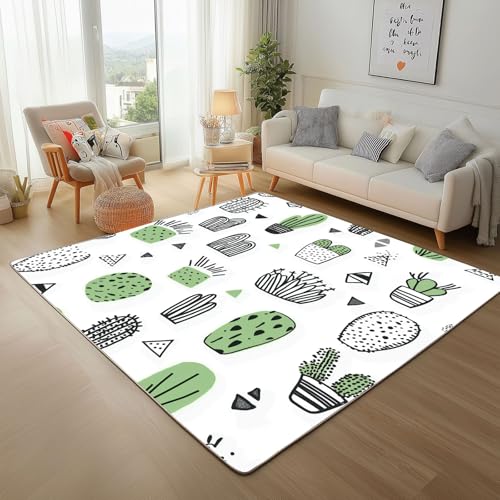 Dyjuaa Cartoon Kaktus Waschbarer Teppich 200x200 cm, Natur Minimalistisch Botanisch Teppiche Wohnzimmer Anti Rutsch Große Teppiche Schlafzimmer Weich Kurzflor Carpet Matte Kinderteppich von Dyjuaa