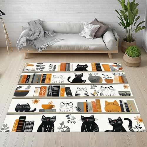 Dyjuaa Cartoon Katze Waschbarer Teppich 200x280 cm, Bibliothek Bücherregal Bücher Carpet Wohnzimmer Anti Rutsch Große Teppiche Schlafzimmer Weich Kurzflor Teppiche Matte Kinderteppich von Dyjuaa