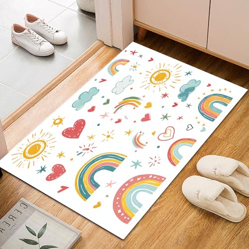 Dyjuaa Cartoon Regenbogen Sonne Fußmatte Schmutzfangmatte 60x90cm, Kinder Handgemalt Stern Herzen Teppich Antirutsch Waschbar, Teppich Kurzflor für Hund, Eingang, Haustür, Balkon, Küche, Flur von Dyjuaa