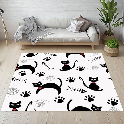 Dyjuaa Cartoon Schwarze Katze Waschbarer Teppich 200x200 cm, Pfotenabdrücke Fischgräte Teppiche Wohnzimmer Anti Rutsch Große Teppiche Schlafzimmer Weich Kurzflor Carpet Matte Kinderteppich von Dyjuaa