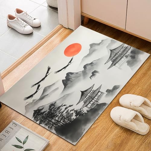 Dyjuaa Chinesischer Tuschemalerei Fußmatte Schmutzfangmatte 60x90cm, Gebirge Pavillon Sonne Teppich Antirutsch Waschbar, Teppich Kurzflor für Hund, Eingang, Haustür, Balkon, Küche, Flur von Dyjuaa