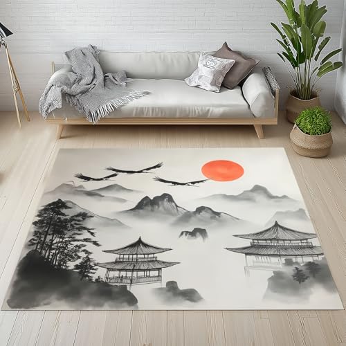 Dyjuaa Chinesischer Tuschemalerei Teppich Schlafzimmer 120x180 cm, Gebirge Pavillon Sonne Waschbarer Teppiche Kinderzimmer Kurzflor Antirutschmatte Carpet Weich für Wohnzimmer Jugendzimmer von Dyjuaa