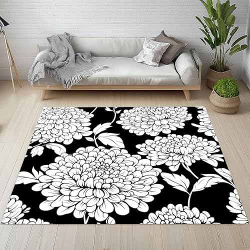 Dyjuaa Chrysantheme Blumen Waschbarer Teppich 200x200 cm, Schwarz-Weißes Blumenmuster Teppiche Wohnzimmer Anti Rutsch Große Teppiche Schlafzimmer Weich Kurzflor Carpet Matte Kinderteppich von Dyjuaa