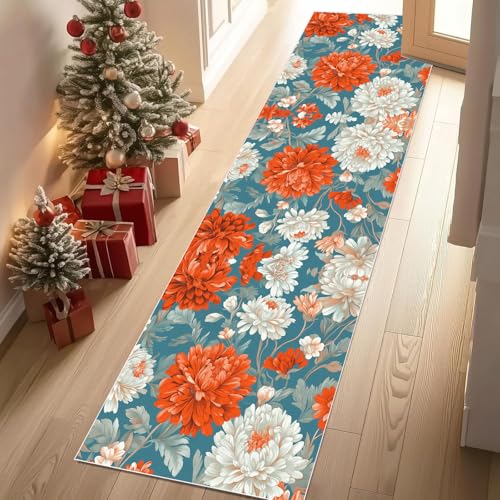 Dyjuaa Chrysantheme Teppich Läufer Flur 60x210 cm rutschfest Vintage Pastoral Blumen Waschbar Weich Kurzflor Küchenläufer Carpet Schlafzimmer Bettvorleger Teppiche für Flur Waschküche von Dyjuaa