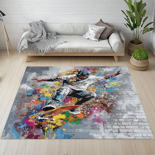 Dyjuaa Cool Skateboard Teppich Schlafzimmer 120x180 cm, Graffiti Straßenkultur Waschbarer Teppiche Kinderzimmer Kurzflor Antirutschmatte Carpet Weich für Wohnzimmer Jugendzimmer Dyjuaa Cool Skateboard Teppich Schlafzimmer 120x180 cm, Graffiti Straßenkultur Waschbarer Teppiche Kinderzimmer Kurzflor Antirutschmatte Carpet Weich für Wohnzimmer Jugendzimmer von Dyjuaa