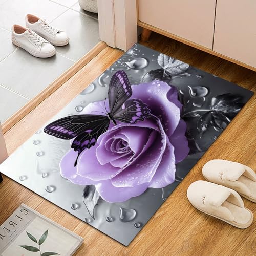Dyjuaa Darkness Lila Rose Fußmatte Schmutzfangmatte 60x90cm, Schmetterling Blumen Teppich Antirutsch Waschbar, Teppich Kurzflor für Hund, Eingang, Haustür, Balkon, Küche, Flur Dyjuaa Darkness Lila Rose Fußmatte Schmutzfangmatte 60x90cm, Schmetterling Blumen Teppich Antirutsch Waschbar, Teppich Kurzflor für Hund, Eingang, Haustür, Balkon, Küche, Flur von Dyjuaa