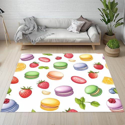 Dyjuaa Dessert Macaron Waschbarer Teppich 200x280 cm, Obst Erdbeere Carpet Wohnzimmer Anti Rutsch Große Teppiche Schlafzimmer Weich Kurzflor Teppiche Matte Kinderteppich von Dyjuaa