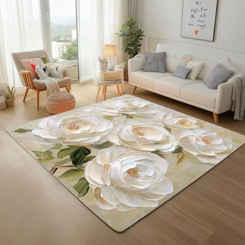 Dyjuaa Elegant Weiß Blumen Teppich Kurzflor 120x160 cm, Ölgemälde Blumenmuster Bettvorleger Weich rutschfest Waschbar, Carpet für Wohnzimmer, Schlafzimmer, Esszimmer, Kinderzimmer von Dyjuaa