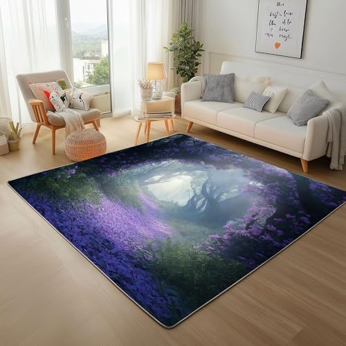 Dyjuaa Fantasie Wald Waschbarer Teppich 200x200 cm, Natur Scenery Teppiche Wohnzimmer Anti Rutsch Große Teppiche Schlafzimmer Weich Kurzflor Carpet Matte Kinderteppich von Dyjuaa