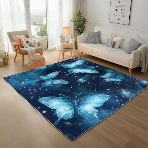 Dyjuaa Fantasy Schmetterling Teppich 160x230 cm, Dunkelblau Sternenhimmel Carpet Waschbar rutschfest Kurzflor, Teppiche Weich für Schlafzimmer, Wohnzimmer, Esszimmer, Kinderzimmer von Dyjuaa