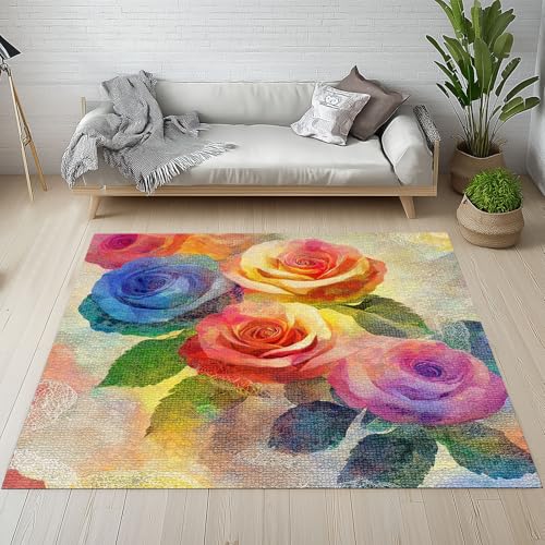 Dyjuaa Farbe Rose Waschbarer Teppich 200x280 cm, Vintage Aquarell Blumen Carpet Wohnzimmer Anti Rutsch Große Teppiche Schlafzimmer Weich Kurzflor Teppiche Matte Kinderteppich von Dyjuaa