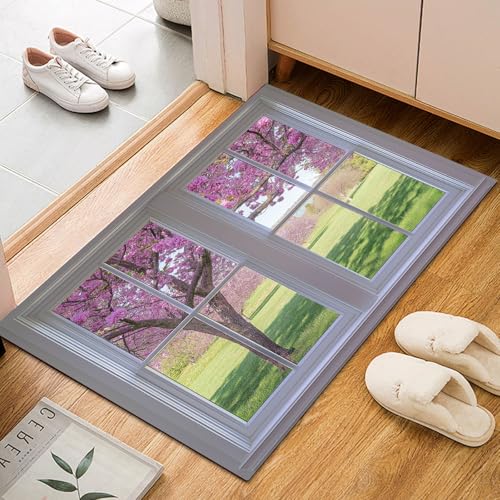 Dyjuaa Fenster Natur Scenery Fußmatte Schmutzfangmatte 60x90cm, Frühling Blumen Grün Gras Teppich Antirutsch Waschbar, Teppich Kurzflor für Hund, Eingang, Haustür, Balkon, Küche, Flur von Dyjuaa