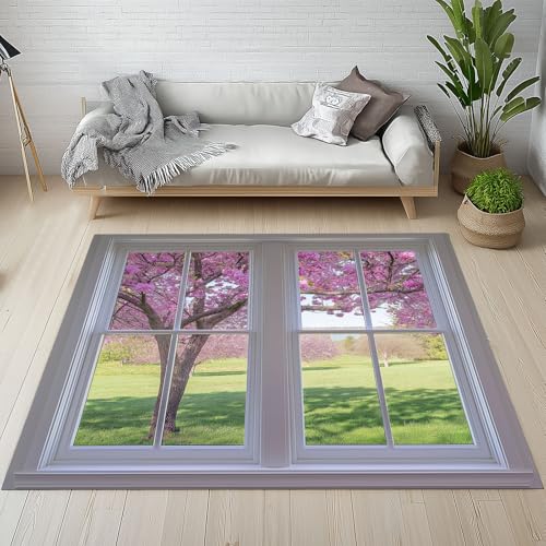 Dyjuaa Fenster Natur Scenery Waschbarer Teppich 200x200 cm, Frühling Blumen Grün Gras Teppiche Wohnzimmer Anti Rutsch Große Teppiche Schlafzimmer Weich Kurzflor Carpet Matte Kinderteppich von Dyjuaa