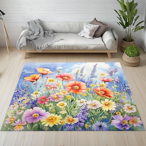 Dyjuaa Frühling Blumenfeld Waschbarer Teppich 200x280 cm, Aquarell Pastoral Blumen Carpet Wohnzimmer Anti Rutsch Große Teppiche Schlafzimmer Weich Kurzflor Teppiche Matte Kinderteppich von Dyjuaa