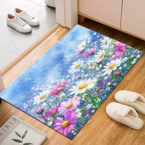 Dyjuaa Frühling Pastoral Blumen Fußmatte Schmutzfangmatte 60x90cm, Aquarell Gänseblümchen Teppich Antirutsch Waschbar, Teppich Kurzflor für Hund, Eingang, Haustür, Balkon, Küche, Flur von Dyjuaa
