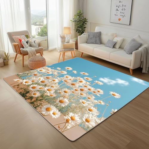 Dyjuaa Gänseblümchen Blumen Waschbarer Teppich 200x200 cm, Natur Pastoral Teppiche Wohnzimmer Anti Rutsch Große Teppiche Schlafzimmer Weich Kurzflor Carpet Matte Kinderteppich von Dyjuaa