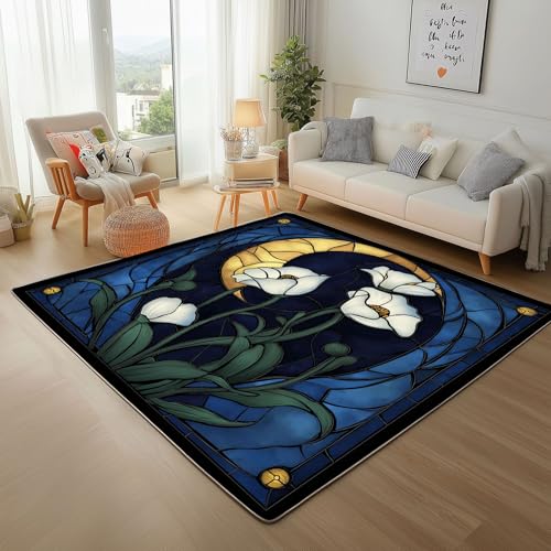 Dyjuaa Glasmalerei Blumenmuster Waschbarer Teppich 200x200 cm, Mond Blumen Grün Blätter Teppiche Wohnzimmer Anti Rutsch Große Teppiche Schlafzimmer Weich Kurzflor Carpet Matte Kinderteppich Dyjuaa Glasmalerei Blumenmuster Waschbarer Teppich 200x200 cm, Mond Blumen Grün Blätter Teppiche Wohnzimmer Anti Rutsch Große Teppiche Schlafzimmer Weich Kurzflor Carpet Matte Kinderteppich von Dyjuaa