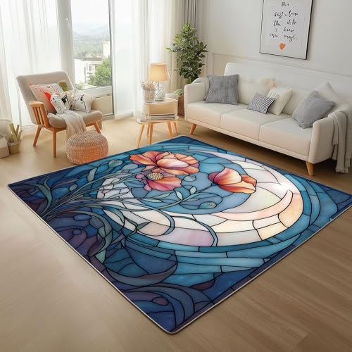 Dyjuaa Glasmalerei Mohn Blumen Teppich 140x200 cm, Rot Mohnblume Mond Teppiche Waschbar rutschfest Kurzflor, Carpet Weich für Schlafzimmer, Wohnzimmer, Esszimmer, Kinderzimmer von Dyjuaa
