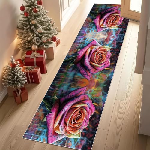 Dyjuaa Graffit Rose Teppich Läufer Flur 80x300 cm Blumenmuster Weich Küchenteppich rutschfest Waschbar, Lang Flur Teppiche für Entryway Waschküche Schlafzimmer Wohnzimmer Dyjuaa Graffit Rose Teppich Läufer Flur 80x300 cm Blumenmuster Weich Küchenteppich rutschfest Waschbar, Lang Flur Teppiche für Entryway Waschküche Schlafzimmer Wohnzimmer von Dyjuaa