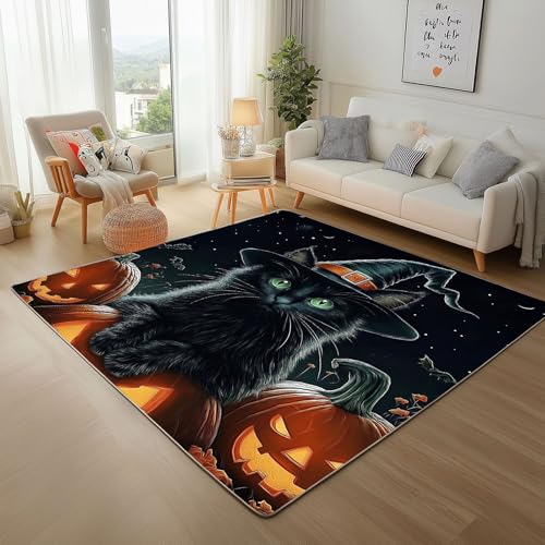 Dyjuaa Halloween Schwarze Katze Teppich Wohnzimmer 80x120 cm, Kürbis Laterne Carpet Weich Kurzflor Waschbar, Teppiche rutschfeste für Schlafzimmer, Esszimmer, Kinderzimmer, Küche von Dyjuaa