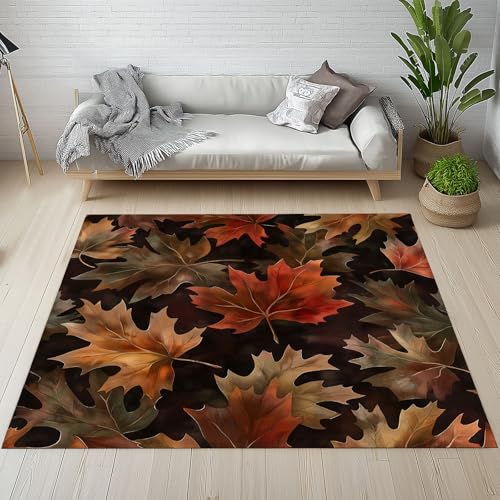 Dyjuaa Herbst Ahornblatt Teppich 140x200 cm, Gefallene Blätter Teppiche Waschbar rutschfest Kurzflor, Carpet Weich für Schlafzimmer, Wohnzimmer, Esszimmer, Kinderzimmer von Dyjuaa