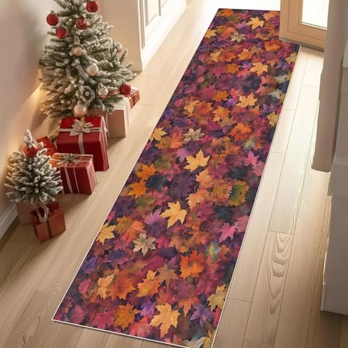 Dyjuaa Herbst Ahornblatt Teppich Läufer Flur 60x180 cm rutschfest Herbstwald Waschbar Weich Kurzflor Küchenläufer Carpet Schlafzimmer Bettvorleger Teppiche für Flur Waschküche von Dyjuaa