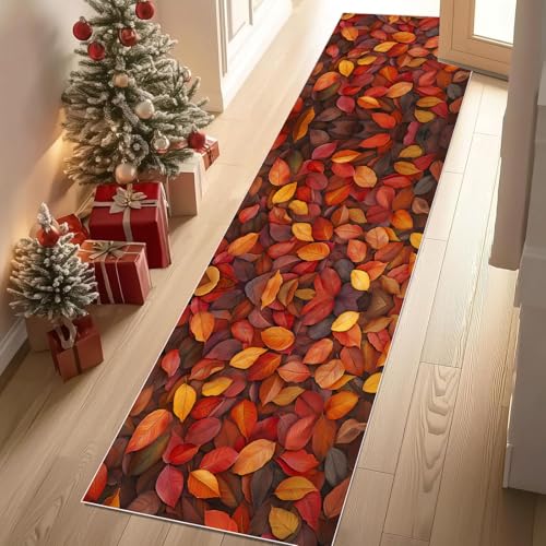 Dyjuaa Herbstlaub Rote Laub Teppich Läufer 80x200 cm Küchenläufer Gefallene Blätter rutschfest Waschbar Kurzflor Teppichläufer Bettumrandung Carpet für Flur, Küche, Eingang, Wohnzimmer von Dyjuaa