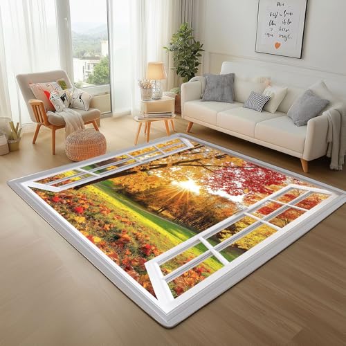 Dyjuaa Herbstwald Ahornblatt Waschbarer Teppich 200x200 cm, Natur Landschaft Teppiche Wohnzimmer Anti Rutsch Große Teppiche Schlafzimmer Weich Kurzflor Carpet Matte Kinderteppich von Dyjuaa