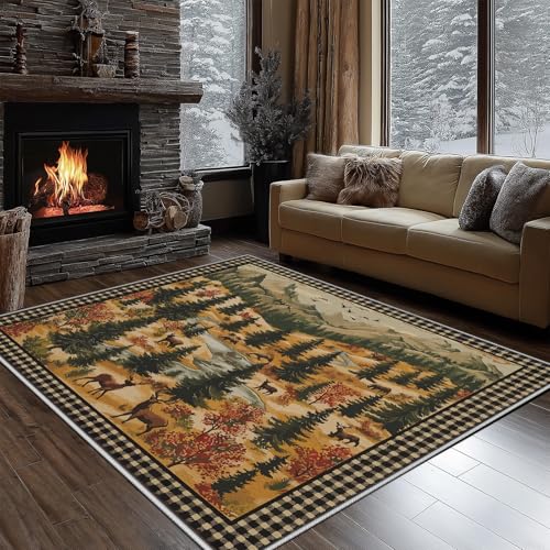 Dyjuaa Herbstwald Scenery Fußmatte Schmutzfangmatte 60x90cm, Retro Plaid Teppich Antirutsch Waschbar, Teppich Kurzflor für Hund, Eingang, Haustür, Balkon, Küche, Flur von Dyjuaa