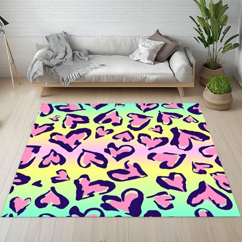 Dyjuaa Herz Leopardenmuster Waschbarer Teppich 200x280 cm, Personalisiert Carpet Wohnzimmer Anti Rutsch Große Teppiche Schlafzimmer Weich Kurzflor Teppiche Matte Kinderteppich von Dyjuaa