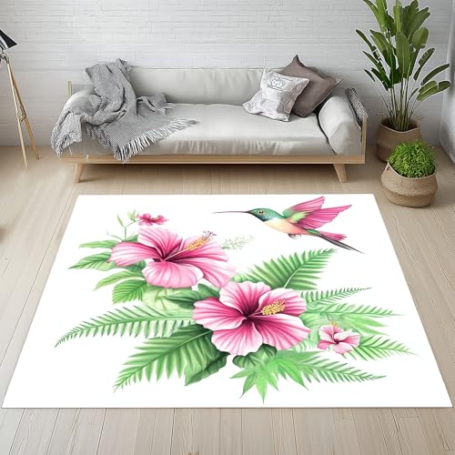 Dyjuaa Hibiskus Blumenmuster Teppich 140x200 cm, Kolibri Blumen Teppiche Waschbar rutschfest Kurzflor, Carpet Weich für Schlafzimmer, Wohnzimmer, Esszimmer, Kinderzimmer von Dyjuaa