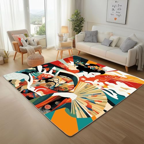 Dyjuaa Japanische Geisha Teppich 160x230 cm, Tradition Faltfächer Carpet Waschbar rutschfest Kurzflor, Teppiche Weich für Schlafzimmer, Wohnzimmer, Esszimmer, Kinderzimmer von Dyjuaa