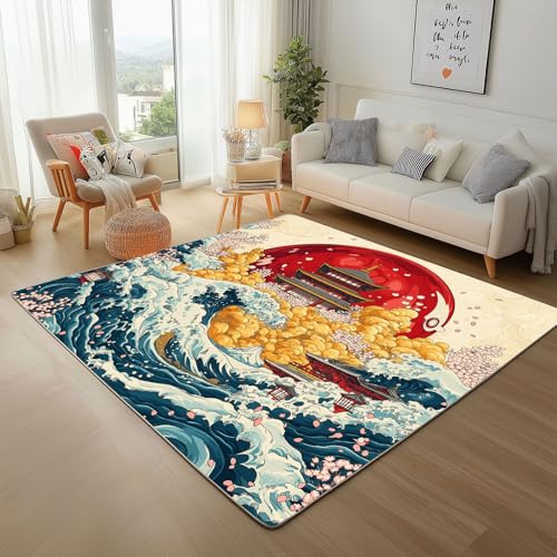 Dyjuaa Japanische Hokusai Muster Teppich Kurzflor Waschbar Kinderzimmer, Pavillon Wave Muster Carpet Weich Antirutsch 120 x 170 cm, Teppiche für Wohnzimmer Schlafzimmer, Jugendzimmer von Dyjuaa