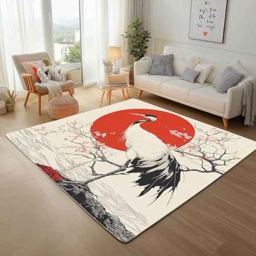 Dyjuaa Japanische Stil Kirschblüten Teppich 160x230 cm, Rote Sonne Kran Carpet Waschbar rutschfest Kurzflor, Teppiche Weich für Schlafzimmer, Wohnzimmer, Esszimmer, Kinderzimmer Dyjuaa Japanische Stil Kirschblüten Teppich 160x230 cm, Rote Sonne Kran Carpet Waschbar rutschfest Kurzflor, Teppiche Weich für Schlafzimmer, Wohnzimmer, Esszimmer, Kinderzimmer von Dyjuaa
