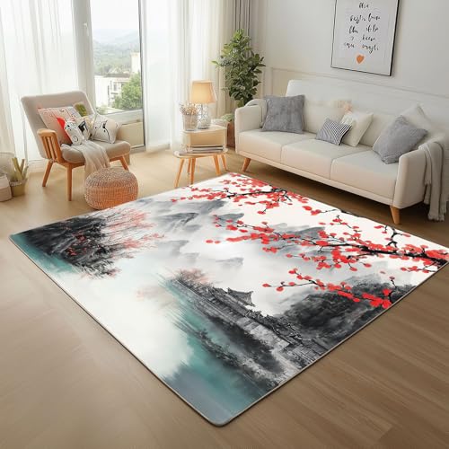 Dyjuaa Japanische Stil Kirschblüten Waschbarer Teppich 200x280 cm, Natur Landschaft Carpet Wohnzimmer Anti Rutsch Große Teppiche Schlafzimmer Weich Kurzflor Teppiche Matte Kinderteppich von Dyjuaa
