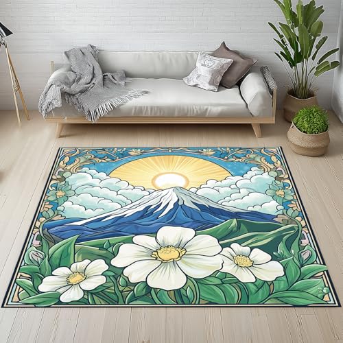 Dyjuaa Japanische Stil Natur Illustration Waschbarer Teppich 200x200 cm, Sonnenaufgang Berg Fuji Blumen Große Teppiche Wohnzimmer Anti Rutsch Schlafzimmer Weich Kurzflor Carpet Matte Kinderteppich von Dyjuaa