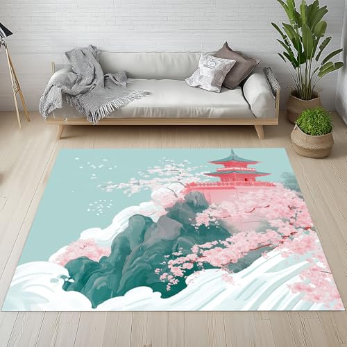 Dyjuaa Japanische Stil Pavillon Waschbarer Teppich 200x280 cm, Kirschblüten Gebirge Carpet Wohnzimmer Anti Rutsch Große Teppiche Schlafzimmer Weich Kurzflor Teppiche Matte Kinderteppich von Dyjuaa