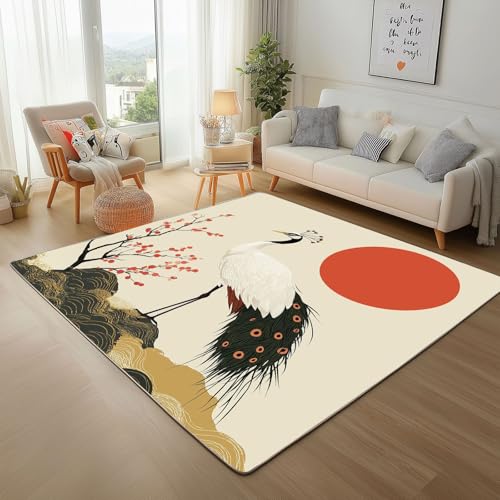 Dyjuaa Japanische Stil Waschbarer Teppich 200x280 cm, Orientalisch Traditionell Muster Kranich Carpet Wohnzimmer Anti Rutsch Große Teppiche Schlafzimmer Weich Kurzflor Teppiche Matte Kinderteppich von Dyjuaa