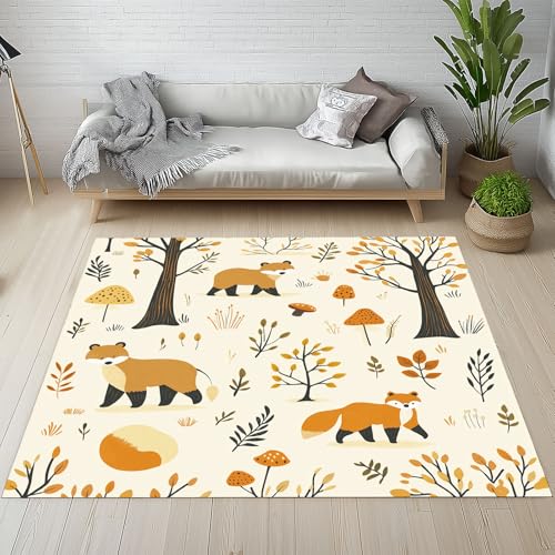 Dyjuaa Karikatur Tier Fuchs Waschbarer Teppich 200x200 cm, Herbstwald Pflanzen Teppiche Wohnzimmer Anti Rutsch Große Teppiche Schlafzimmer Weich Kurzflor Carpet Matte Kinderteppich von Dyjuaa