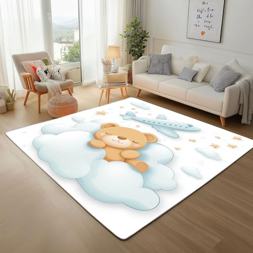 Dyjuaa Kawaii Bär Teppich Wohnzimmer 80x150 cm, Wolken Flugzeug Stern Carpet Weich Kurzflor Waschbar, Teppiche rutschfeste für Schlafzimmer, Esszimmer, Kinderzimmer, Küche von Dyjuaa