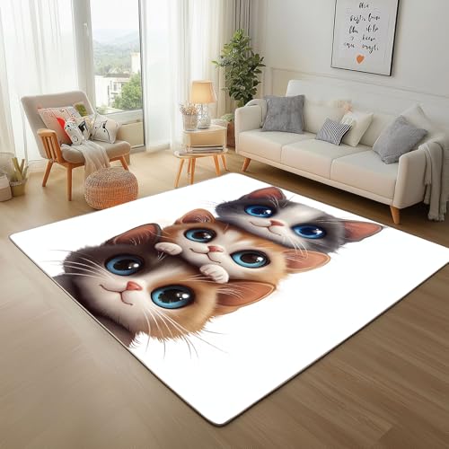 Dyjuaa Kawaii Kätzchen Teppich 140x200 cm, Karikatur Katzenmuster Teppiche Waschbar rutschfest Kurzflor, Carpet Weich für Schlafzimmer, Wohnzimmer, Esszimmer, Kinderzimmer von Dyjuaa